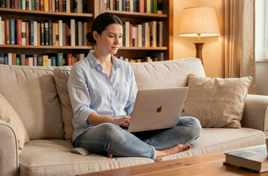 Femme travaillant depuis son canapé avec un ordinateur portable et des accessoires informatiques abordables de marque itworks
