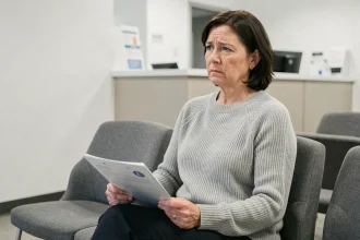 Femme d'âge moyen attendant dans une salle d'attente de radiologie avec un dossier médical, illustrant les préoccupations liées aux examens scanner répétés des sinus