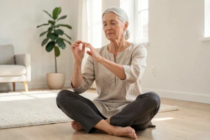 Femme de 70 ans pratiquant des étirements doux des doigts pour soulager les douleurs articulaires, assise sur le sol d'un salon lumineux et apaisant