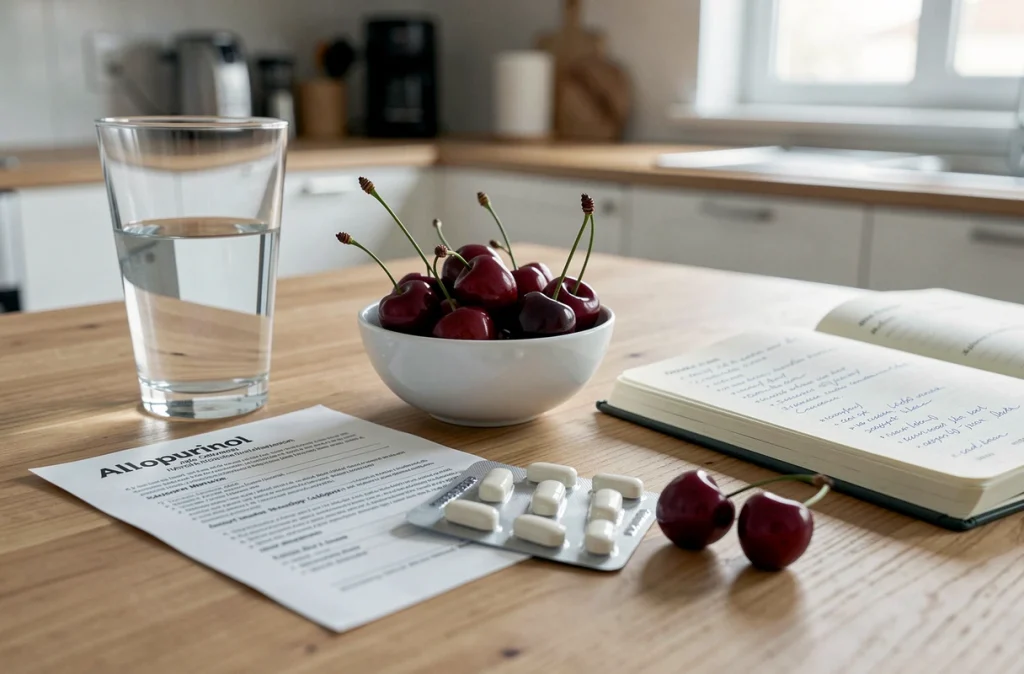Éléments du quotidien liés à la gestion de la goutte : médicaments, ordonnance, cerises et verre d'eau sur une table de cuisine
