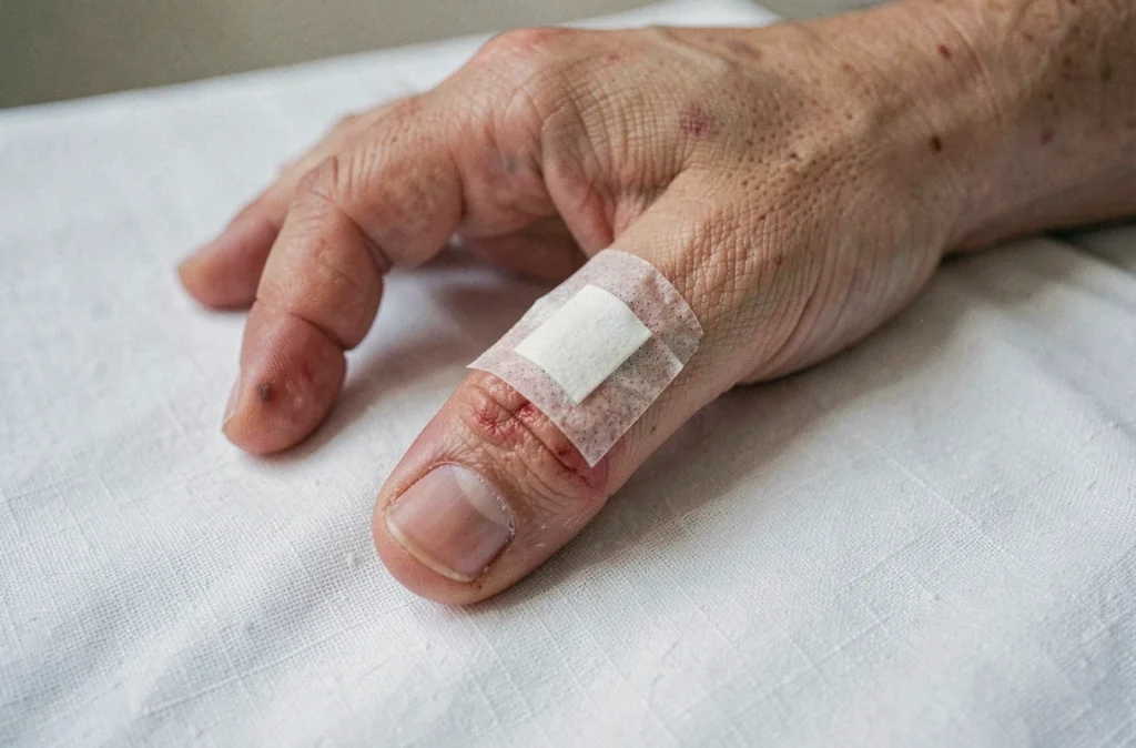 Gros plan d'un doigt rougi et gonflé avec pansement adhésif sur fond blanc évoquant une infection