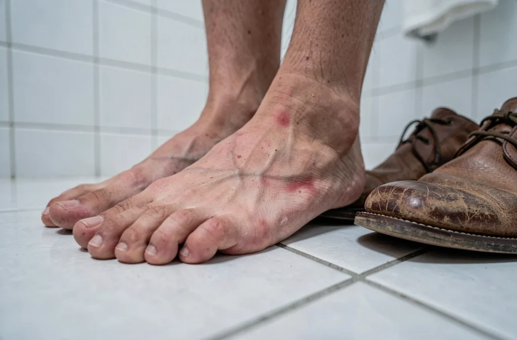 Gros plan de pieds nus sur carrelage avec rougeur et chaussures étroites évoquant brûlures et carence nutritionnelle
