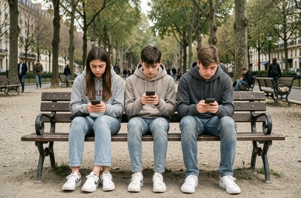 Groupe d'adolescents français astigués à leurs smartphones dans un parc urbain, montrant les effets des réseaux sociaux sur la fatigue et le sommeil des jeunes en France