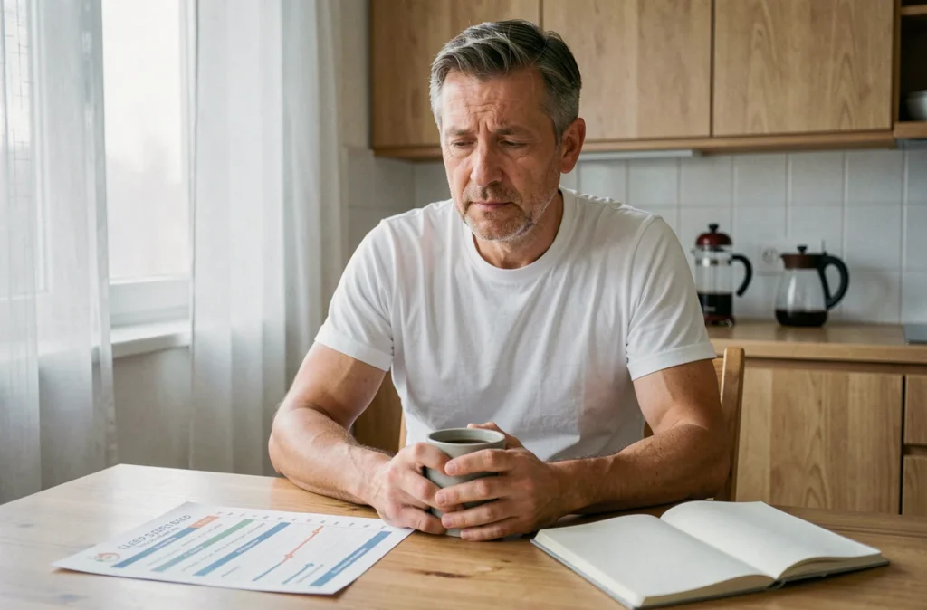 Homme adulte d'âge mûr consultant un tableau de cycles de sommeil le matin à la table de cuisine