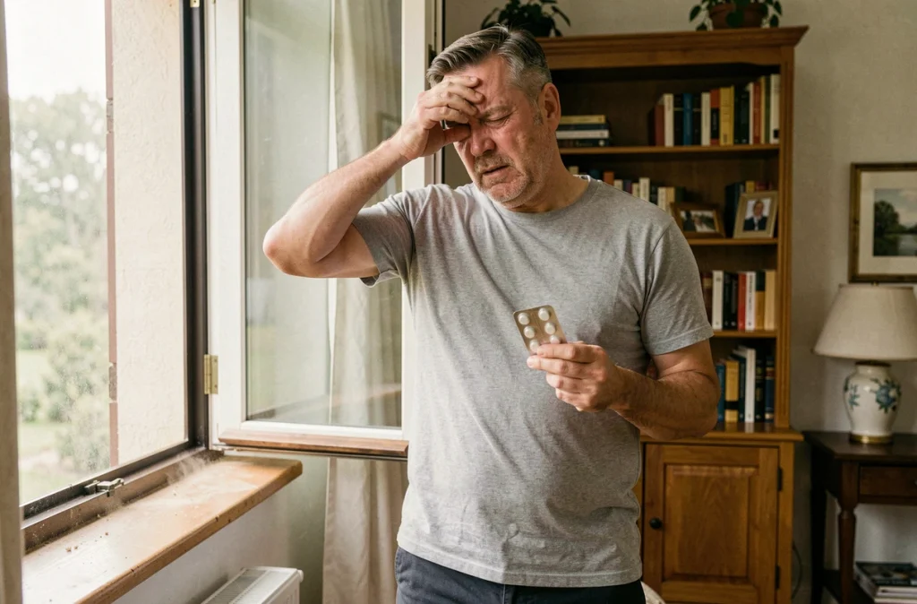 Homme allergique tenant des antihistaminiques près d'une fenêtre ouverte dans un salon