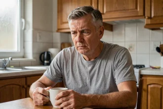 Homme d'une cinquantaine d'années assis à une table de cuisine, ignorant qu'il souffre d'hypertension artérielle silencieuse
