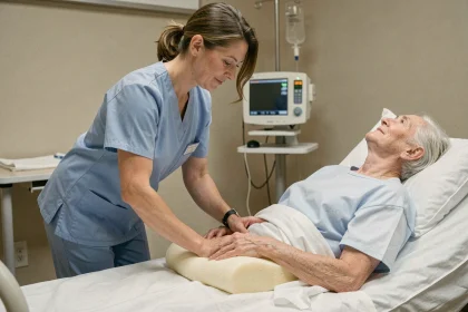 Infirmière repositionnant une personne âgée sur un coussin anti-escarres au niveau du sacrum dans une chambre d'hôpital