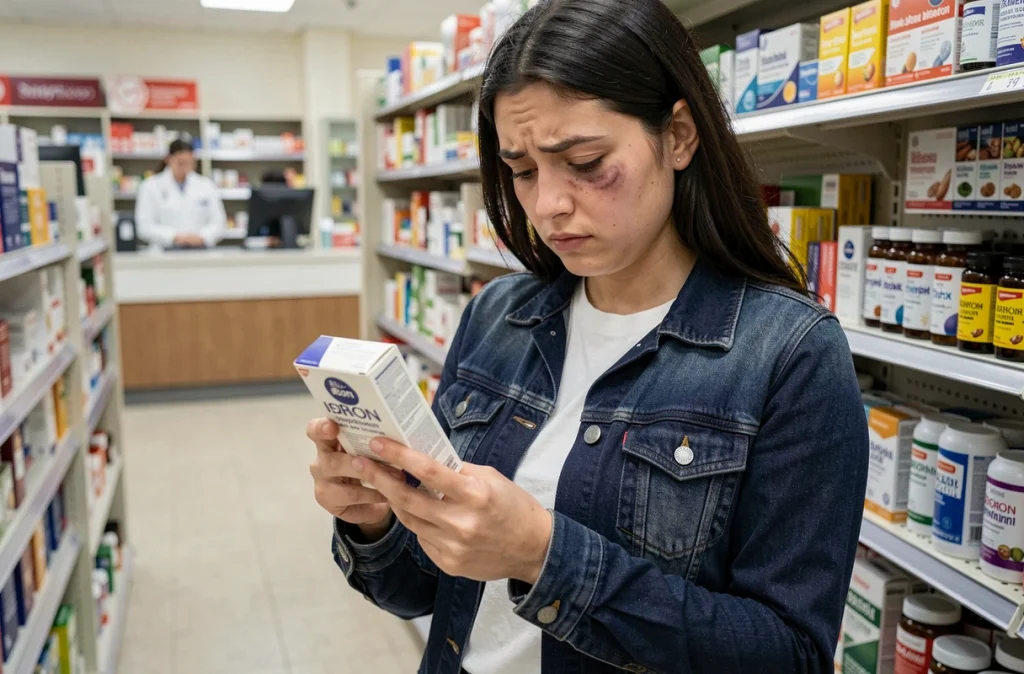 Jeune femme fatiguée choisissant des suppléments de fer en pharmacie pour traiter une anémie ferriprive diagnostiquée