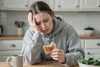 Jeune femme fatiguée au teint pâle à la table de cuisine, illustrant les symptômes de l'anémie ferriprive chez les jeunes adultes