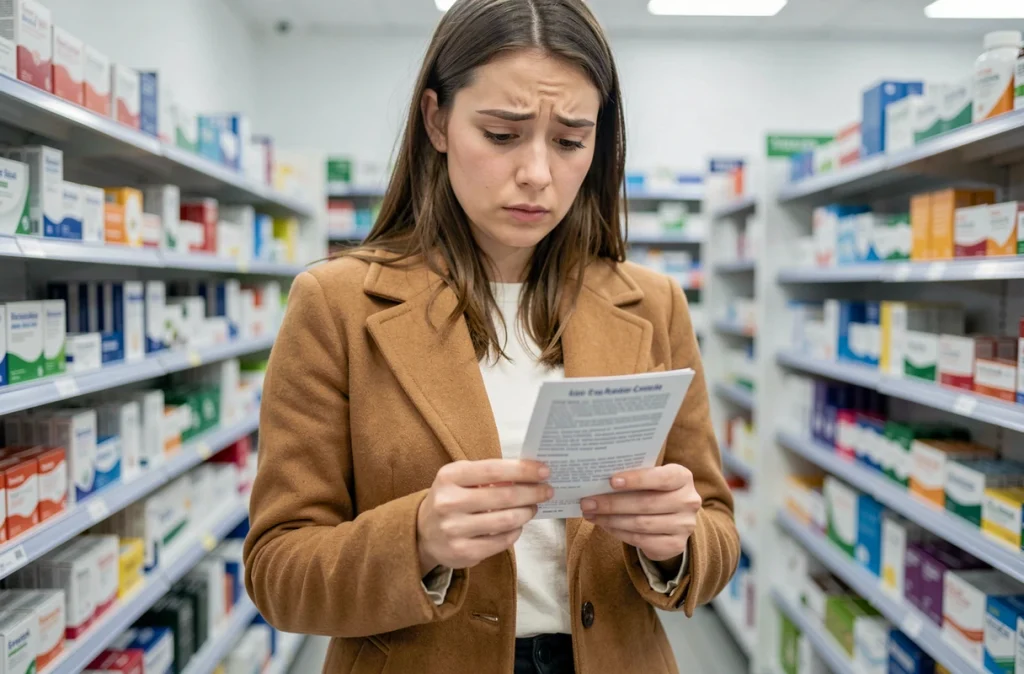 Jeune femme lisant une notice médicale en pharmacie pour comprendre les symptômes de l'endométriose