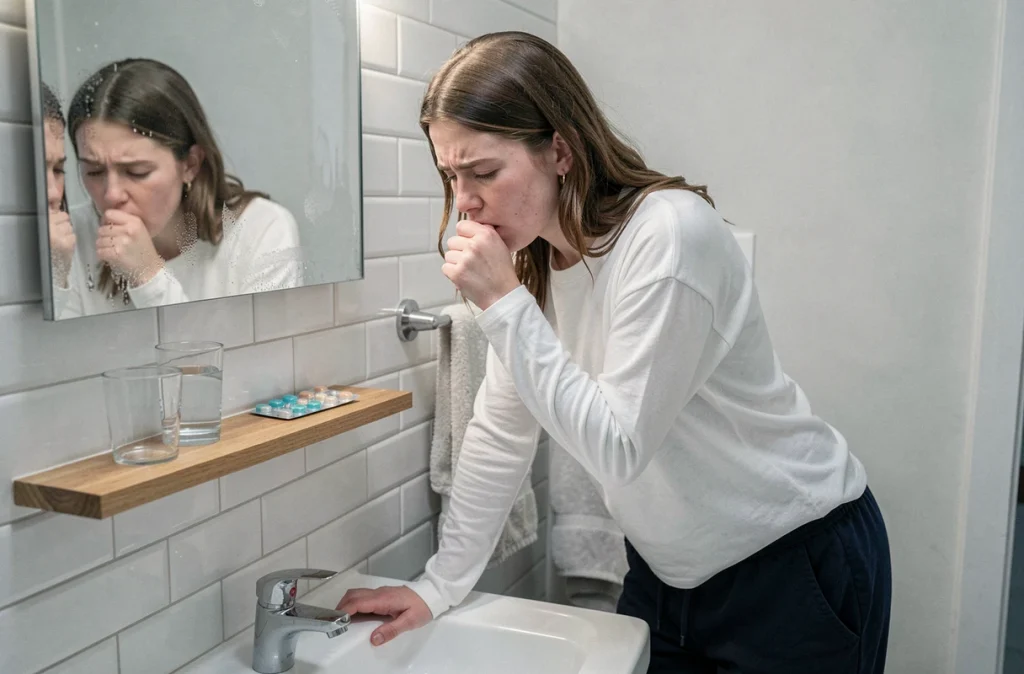 Jeune femme toussant dans sa salle de bain avec des médicaments visibles, évoquant une toux prolongée à traiter