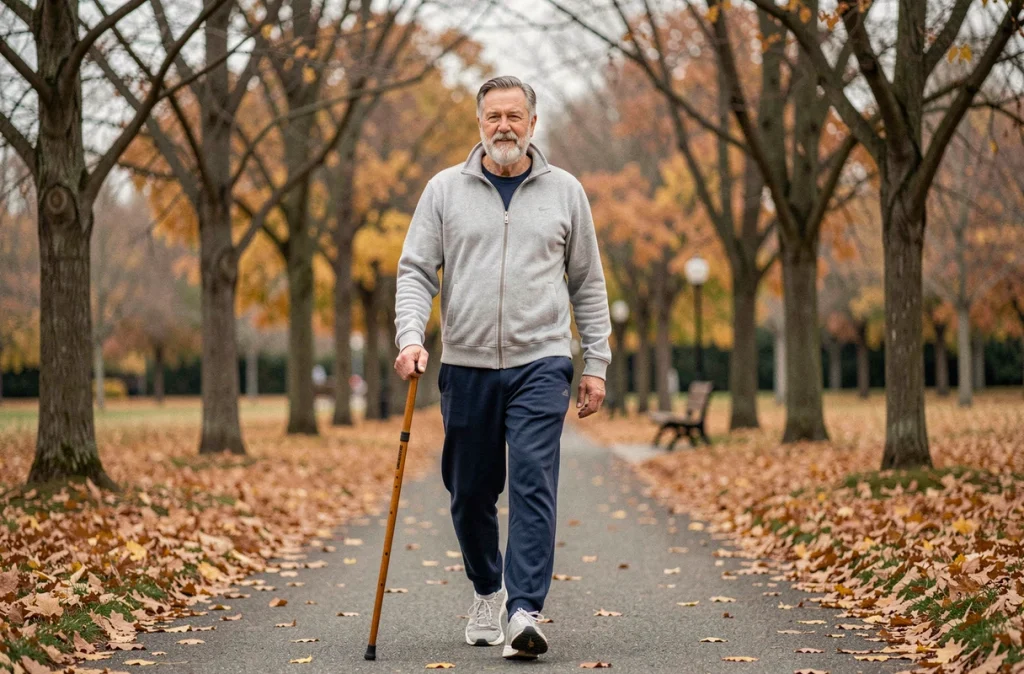 Homme senior marchant avec une canne dans un parc en automne pour gérer l'arthrose au quotidien