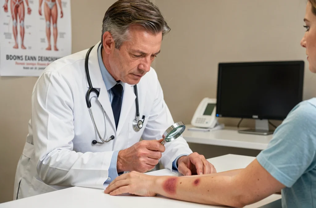 Médecin examinant une éruption cutanée en anneau caractéristique de la maladie de Lyme sur le bras d'un patient en cabinet médical