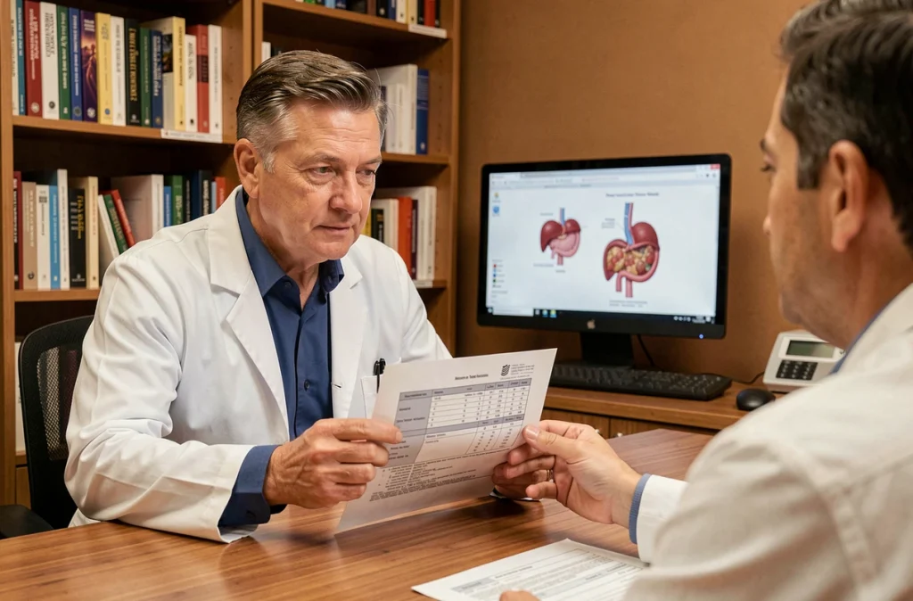 Gastroentérologue expliquant les résultats d'un bilan hépatique à un patient, incluant l'interprétation du taux de bilirubine et le diagnostic de maladie de Gilbert