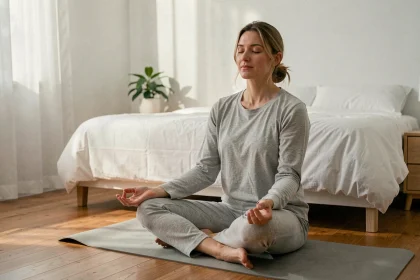 Femme pratiquant la méditation dans une chambre minimaliste pour réduire le stress et favoriser la perte de poids