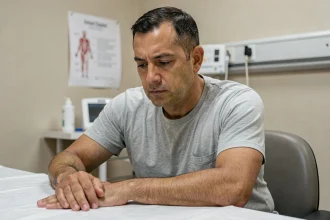 Patient adulte en consultation médicale présentant une légère teinte ictérique de la peau, évocatrice de la maladie de Gilbert ou d'une hyperbilirubinémie