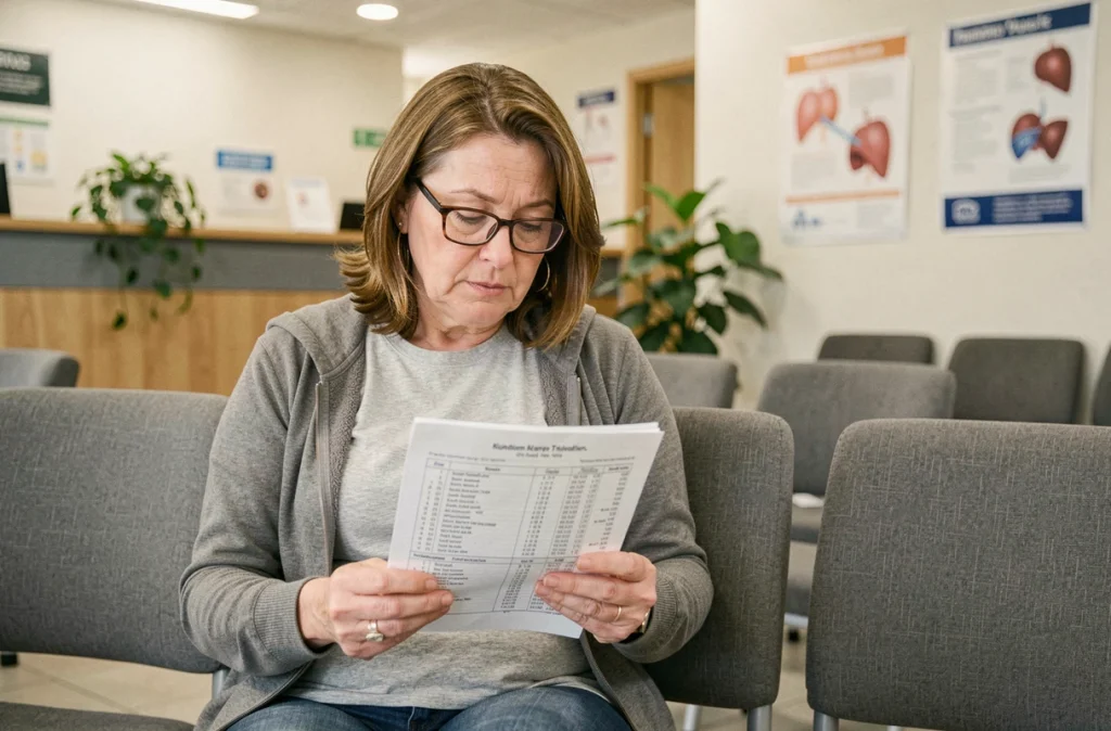 Femme consultant ses résultats d'examens médicaux pour transaminases dans une salle d'attente hospitalière