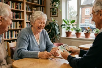 Personnes âgées jouant aux cartes ensemble dans un centre communautaire, illustrant le lien social et la lutte contre l'isolement des seniors