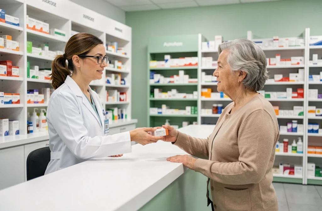 Pharmacienne conseillant une patiente sur le traitement des infections urinaires à répétition au comptoir d'une pharmacie
