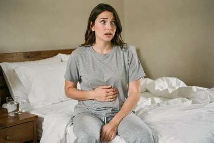 Jeune femme enceinte assise sur son lit, main posée sur le ventre, découvrant les premiers signes de grossesse