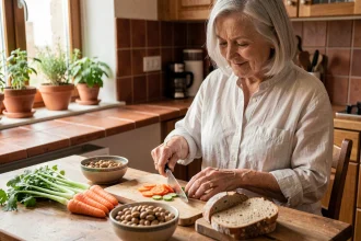 Femme senior préparant un repas riche en fibres avec légumes frais et céréales complètes dans une cuisine familiale