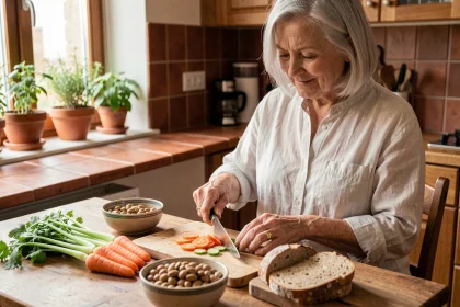 Femme senior préparant un repas riche en fibres avec légumes frais et céréales complètes dans une cuisine familiale