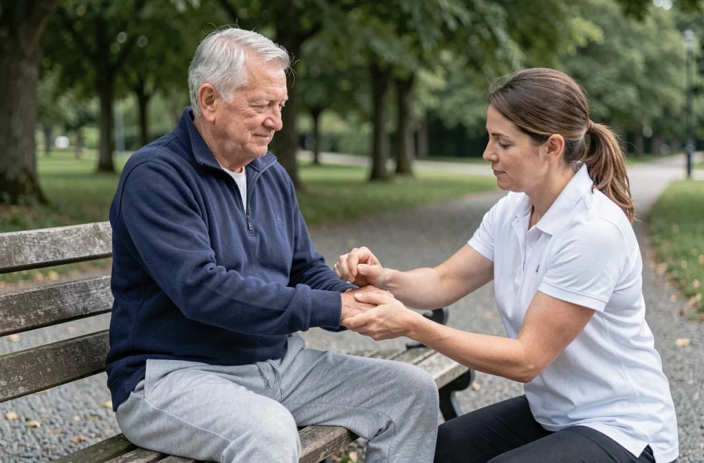 Physiothérapeute guidant un homme âgé de 75 ans dans des exercices de mobilité articulaire du poignet dans un parc verdoyant