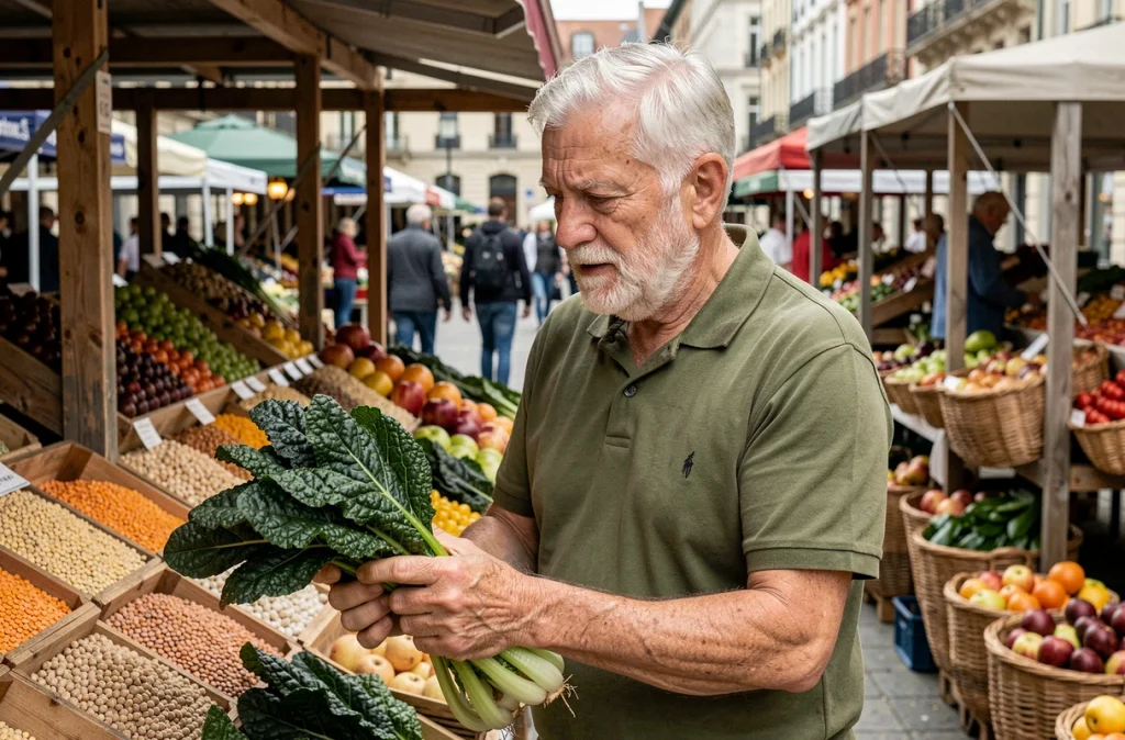 Homme âgé choisissant des légumes feuillus et légumineuses riches en fibres au marché fermier