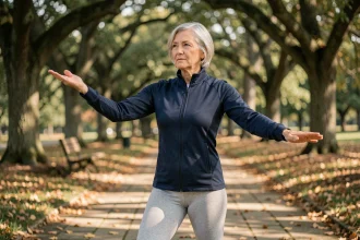Femme senior pratiquant le tai chi dans un parc en automne pour améliorer sa mobilité