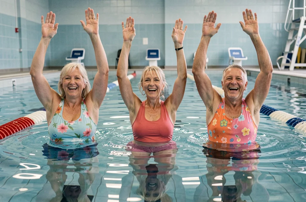Groupe de seniors faisant de l'aquagym en piscine pour améliorer leur mobilité et leur bien-être