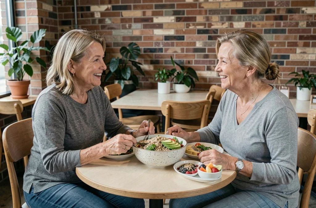 Deux femmes seniors partageant un repas équilibré et riche en fibres dans un café convivial