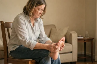 Femme d'âge mûr tenant son pied douloureux causé par une neuropathie ou une sensation de brûlure plantaire