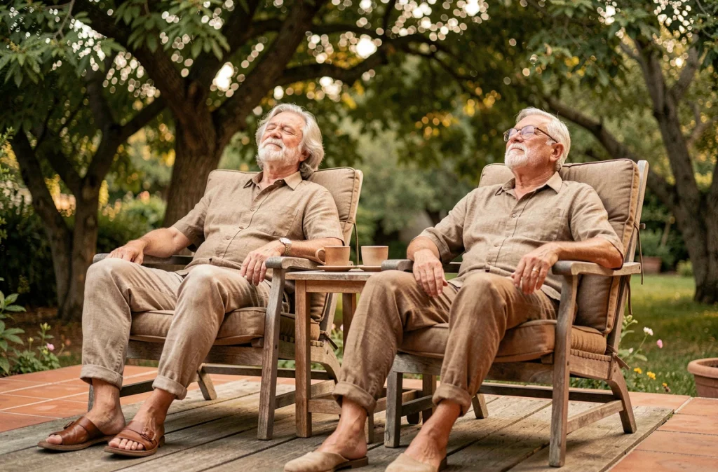 Couple de seniors se reposant ensemble en terrasse lors d'une sieste de l'après-midi dans un jardin calme