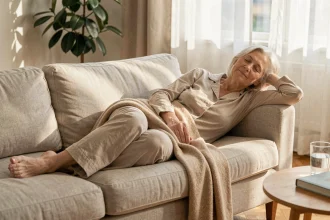 Femme de plus de 65 ans faisant une sieste paisible sur un canapé en lin dans un salon chaleureux