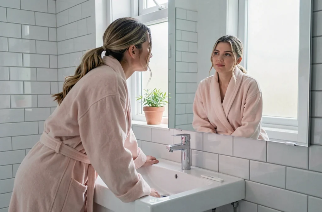 Femme regardant son reflet dans le miroir de la salle de bain avec un test de grossesse posé sur le lavabo