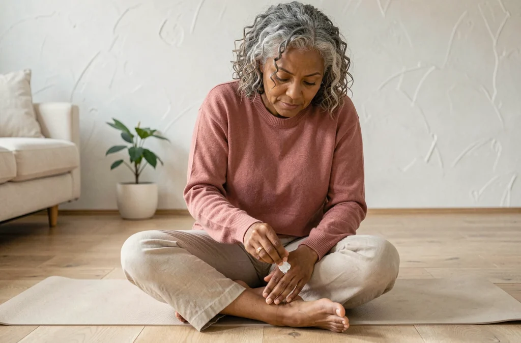 Femme appliquant une crème thérapeutique sur son genou arthrosique dans un salon minimaliste