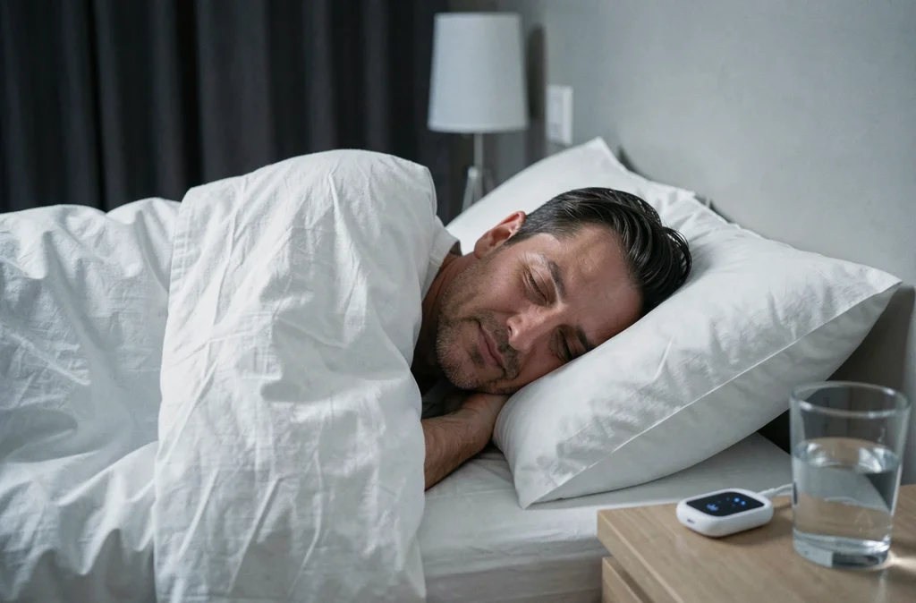 Homme dormant profondément dans une chambre reposante pour optimiser les hormones et perdre du poids