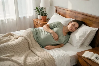 Femme enceinte du troisième trimestre dormant paisiblement sur le côté dans un lit douillet avec une couverture en tricot et des oreillers blancs