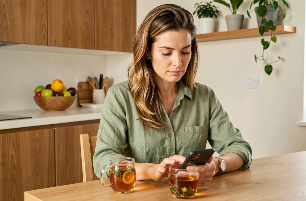 Femme assise à la cuisine consultant son téléphone sur les premiers symptômes de grossesse avec une tasse de tisane