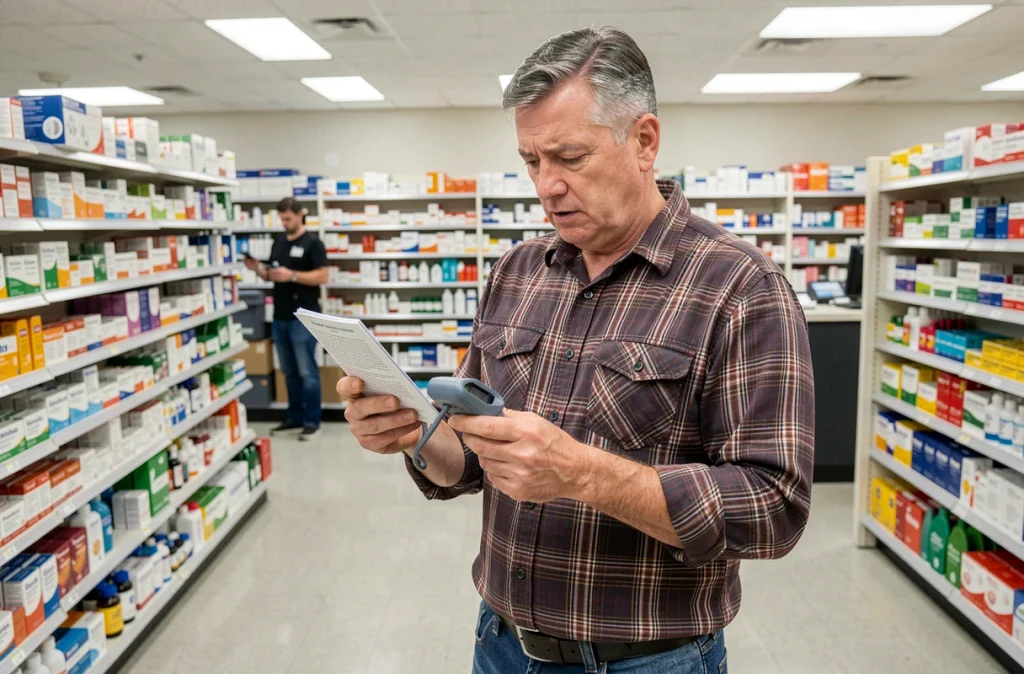 Homme d'âge mûr examinant un tensiomètre de poignet dans le rayon d'une pharmacie, inquiet de son hypertension
