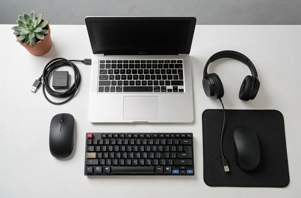 Vue de dessus d'une configuration informatique complète et économique avec accessoires itworks sur un bureau blanc minimaliste