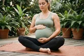 Femme enceinte pratiquant le yoga prénatal en plein air sur une terrasse en bois entourée de verdure