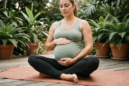 Femme enceinte pratiquant le yoga prénatal en plein air sur une terrasse en bois entourée de verdure