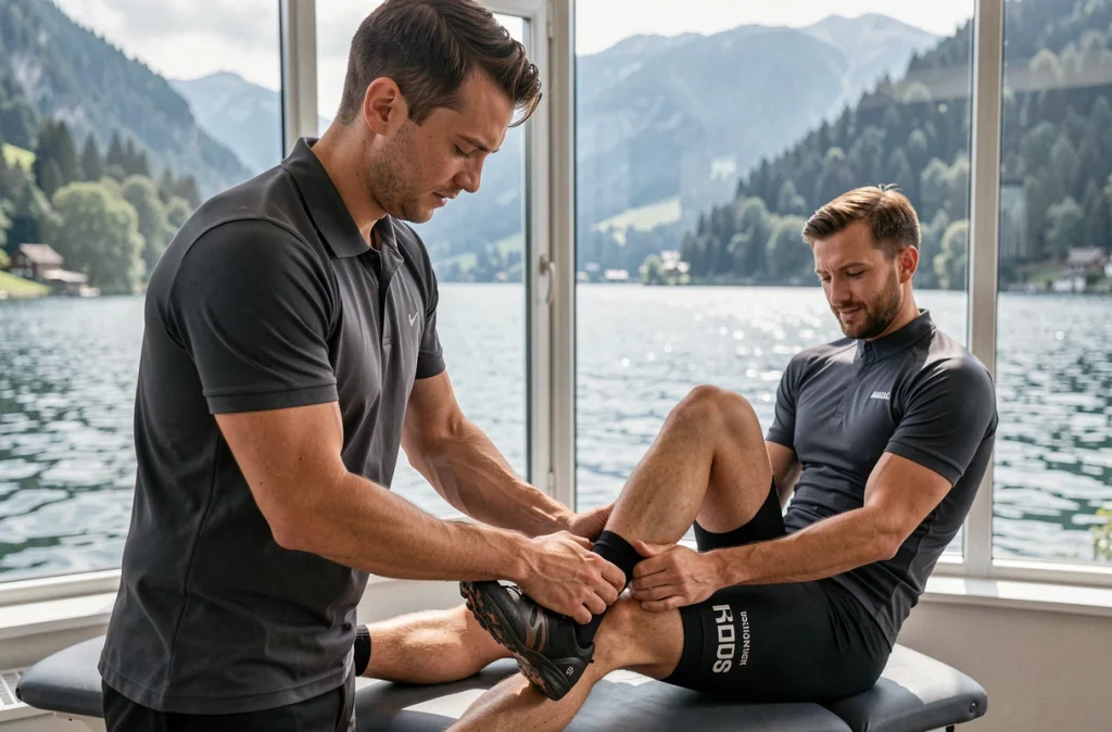 Kinésithérapeute du sport effectuant une mobilisation de cheville avec vue sur le lac d'Annecy en arrière-plan