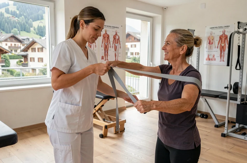 Kinésithérapeute guidant une patiente dans un exercice de rééducation fonctionnelle avec élastique à Bons-en-Chablais
