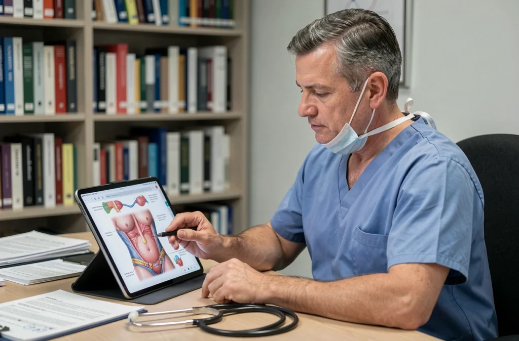 Chirurgien consultant des schémas anatomiques abdominaux pour évaluer une indication opératoire d'omphalite