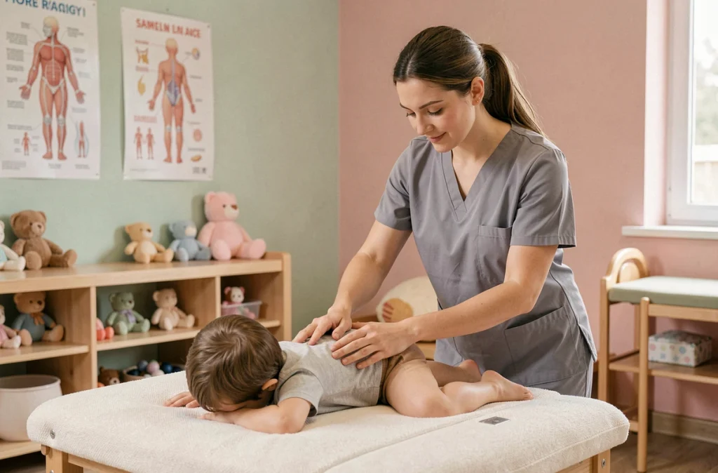 Kinésithérapeute spécialisée en massage et orthopédie pédiatrique travaillant avec un jeune enfant à Pringy