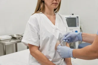 Examen clinique d'un nombril infecté chez une patiente adulte par un professionnel de santé avec écouvillon stérile