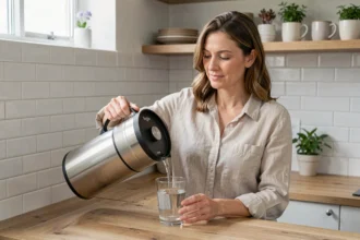 Femme versant de l'eau filtrée avec un filtre Berkey en acier inoxydable dans une cuisine moderne