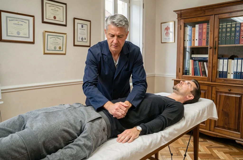 Frédéric Mauduit, ostéopathe à Compiègne, réalisant une technique d'étirement sur un patient